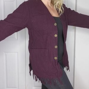 VINTAGE CONRAD C BURGUNDY PLUM FRINGE KNIT CARDIGAN COIN BUTTONS
